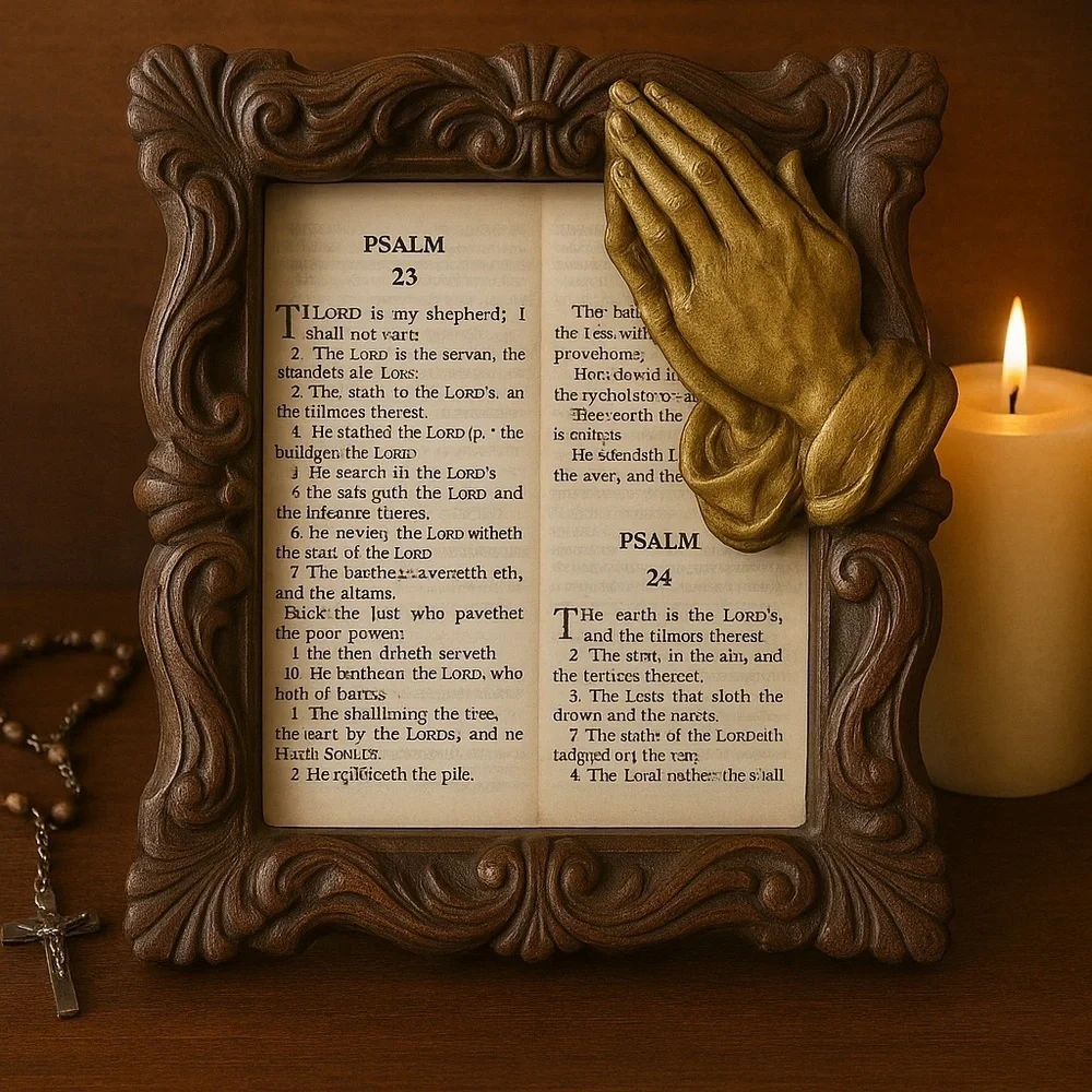 Vtg Praying Hands Picture Frame 3D Ornate Faux Wood Wall Art 8”x10” Shabby Chic